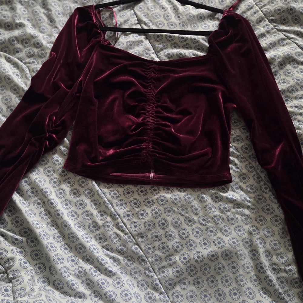 Velvet Long-Sleeve Burgundy Top